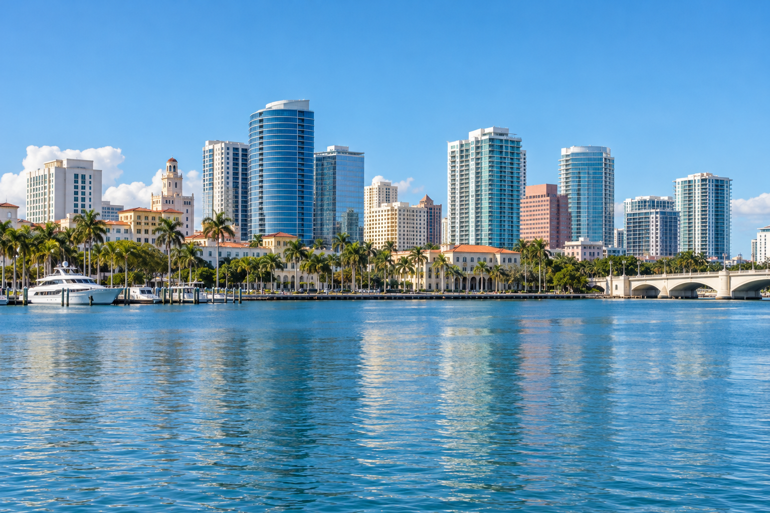Downtown West Palm Beach skyline viewed from across the Intracoastal Waterway on a sunny afternoon