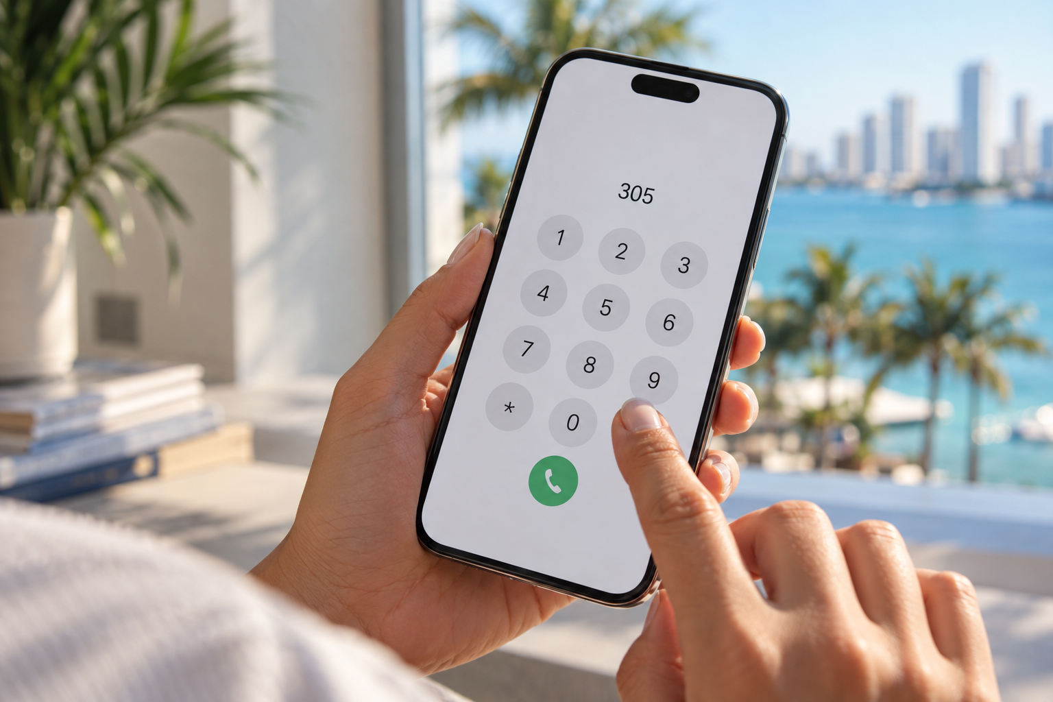 Hand holding a smartphone showing a phone dialer screen with an international number being entered