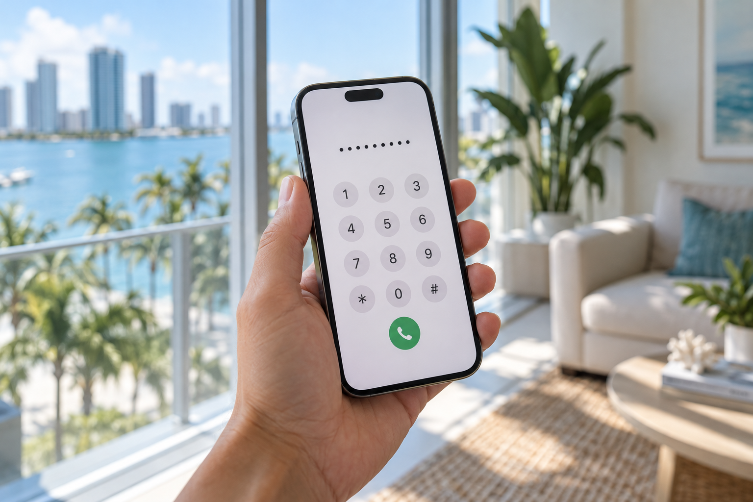Hand holding a smartphone showing a ten-digit number being dialed
