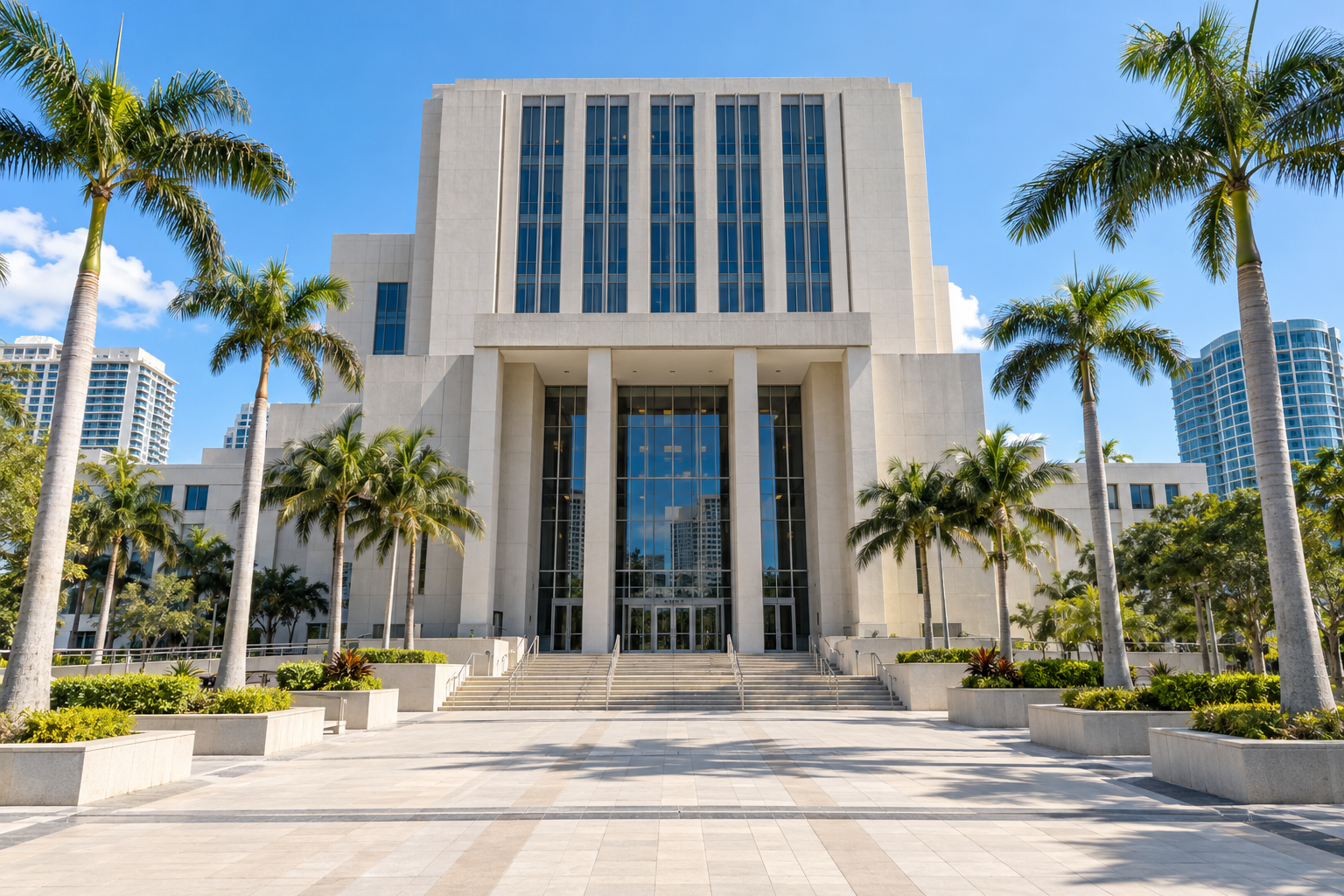 Broward County Courthouse exterior in downtown Fort Lauderdale on a clear sunny day