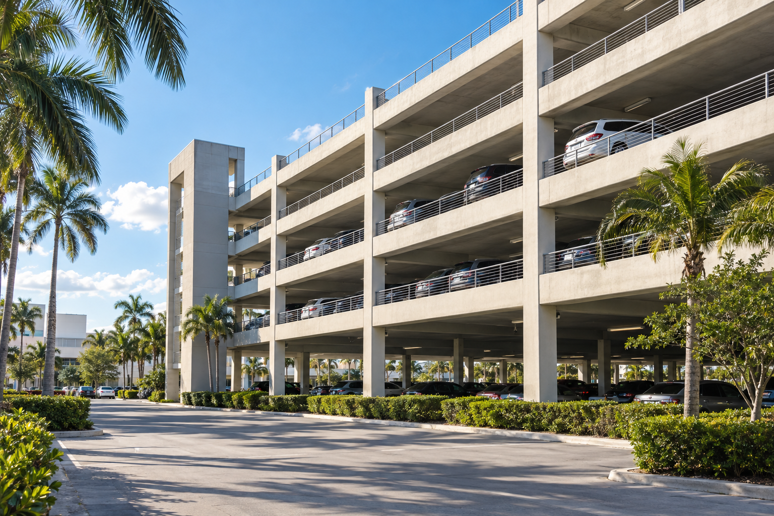 Multi-level parking garage at Aventura Mall with open-air levels and cars filling the spaces on a sunny day