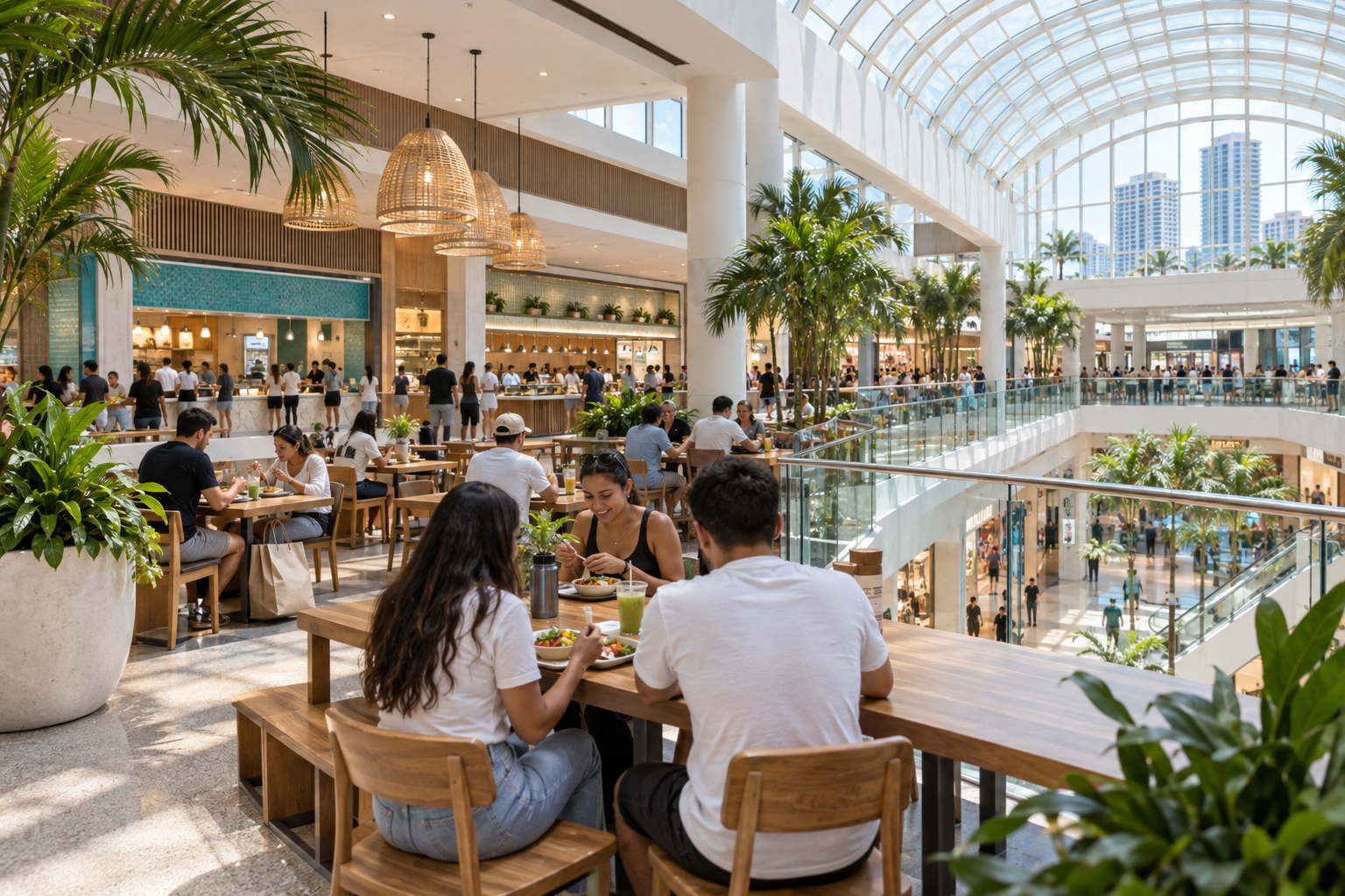 Open-air food hall interior with varied dining counters and shoppers seated at communal tables
