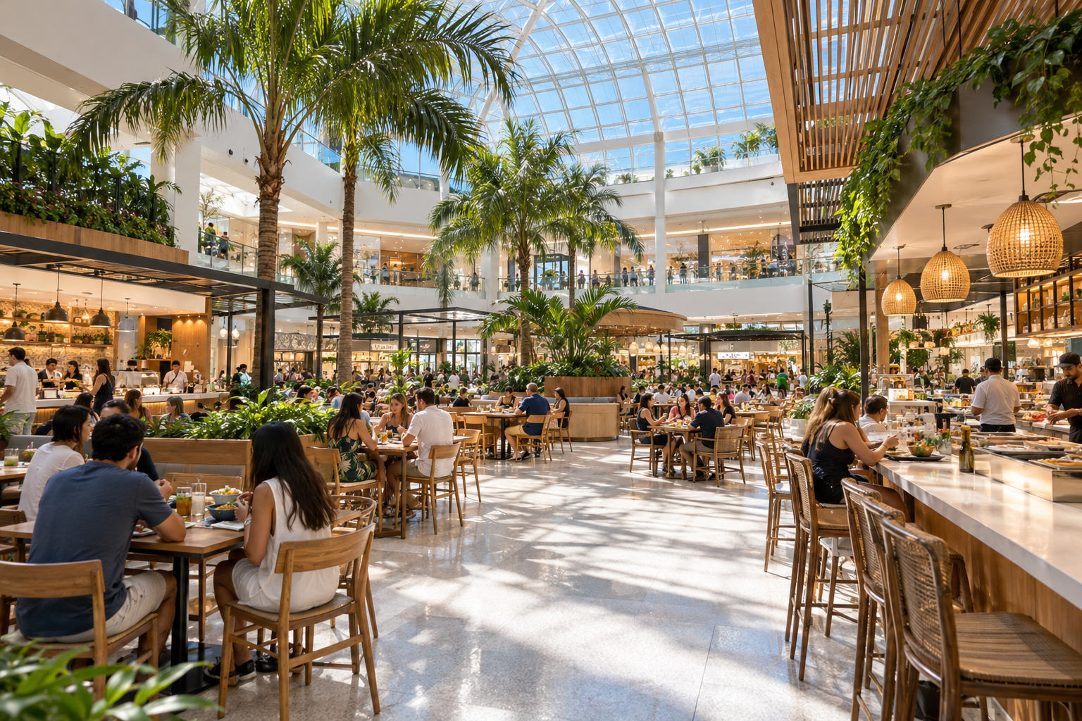 Bright open food hall interior with multiple dining counters, high ceilings and shoppers choosing meals