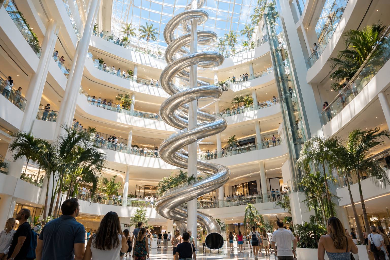 Tall spiral slide tower rising through a bright glass atrium inside a modern shopping mall expansion wing