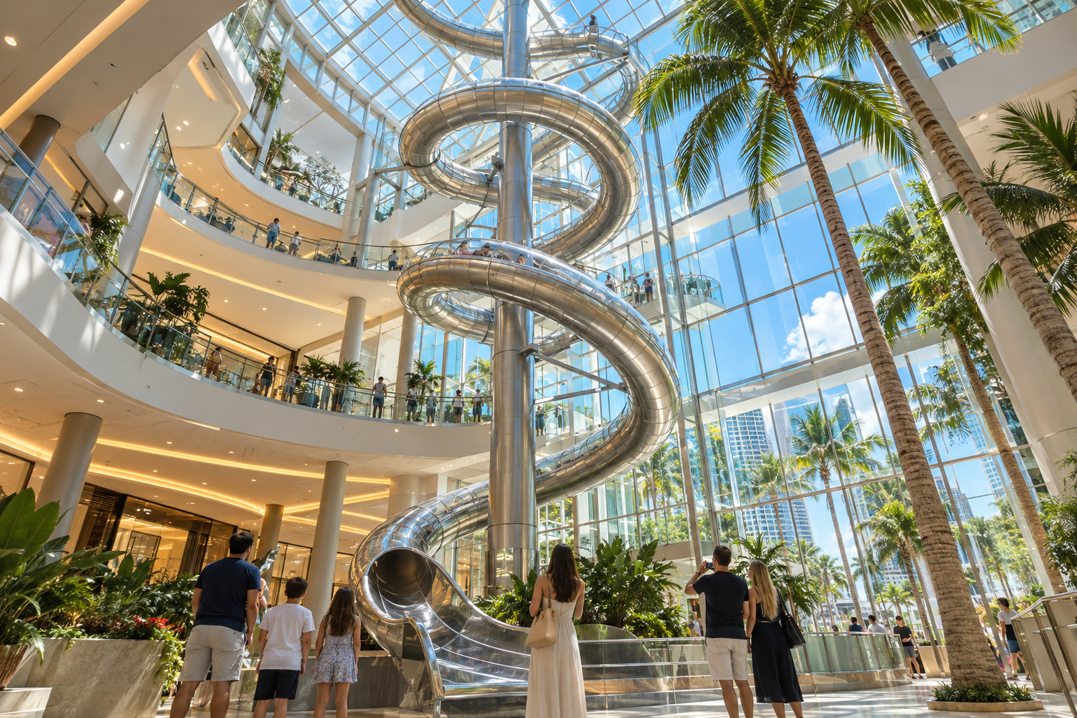 Tall spiral slide structure rising through a glass-ceilinged mall atrium with visitors gathered below