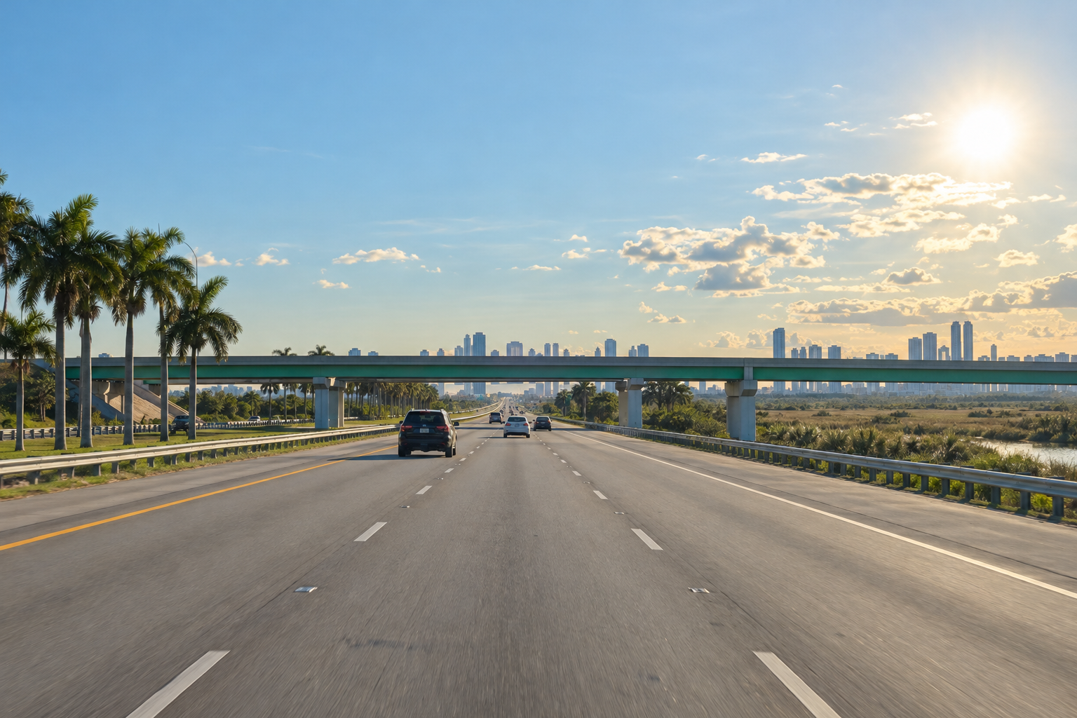 I-95 highway corridor running through South Florida with Miami-Dade, Broward and Palm Beach county skylines visible