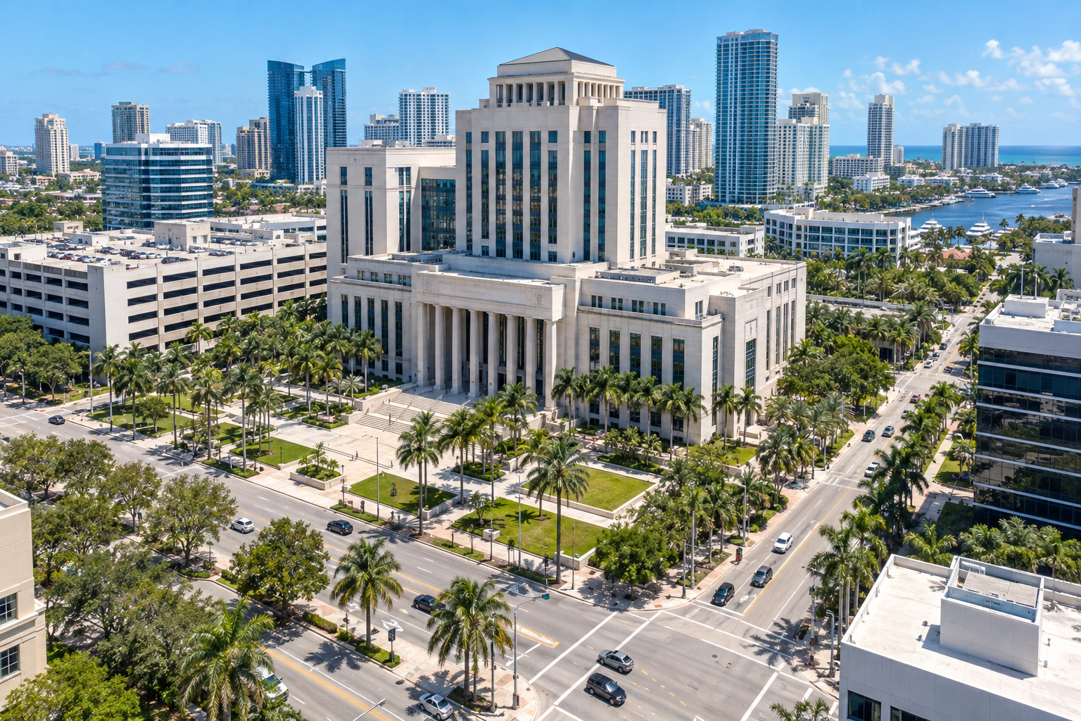 Aerial view of the Broward County Courthouse complex and surrounding downtown Fort Lauderdale streets