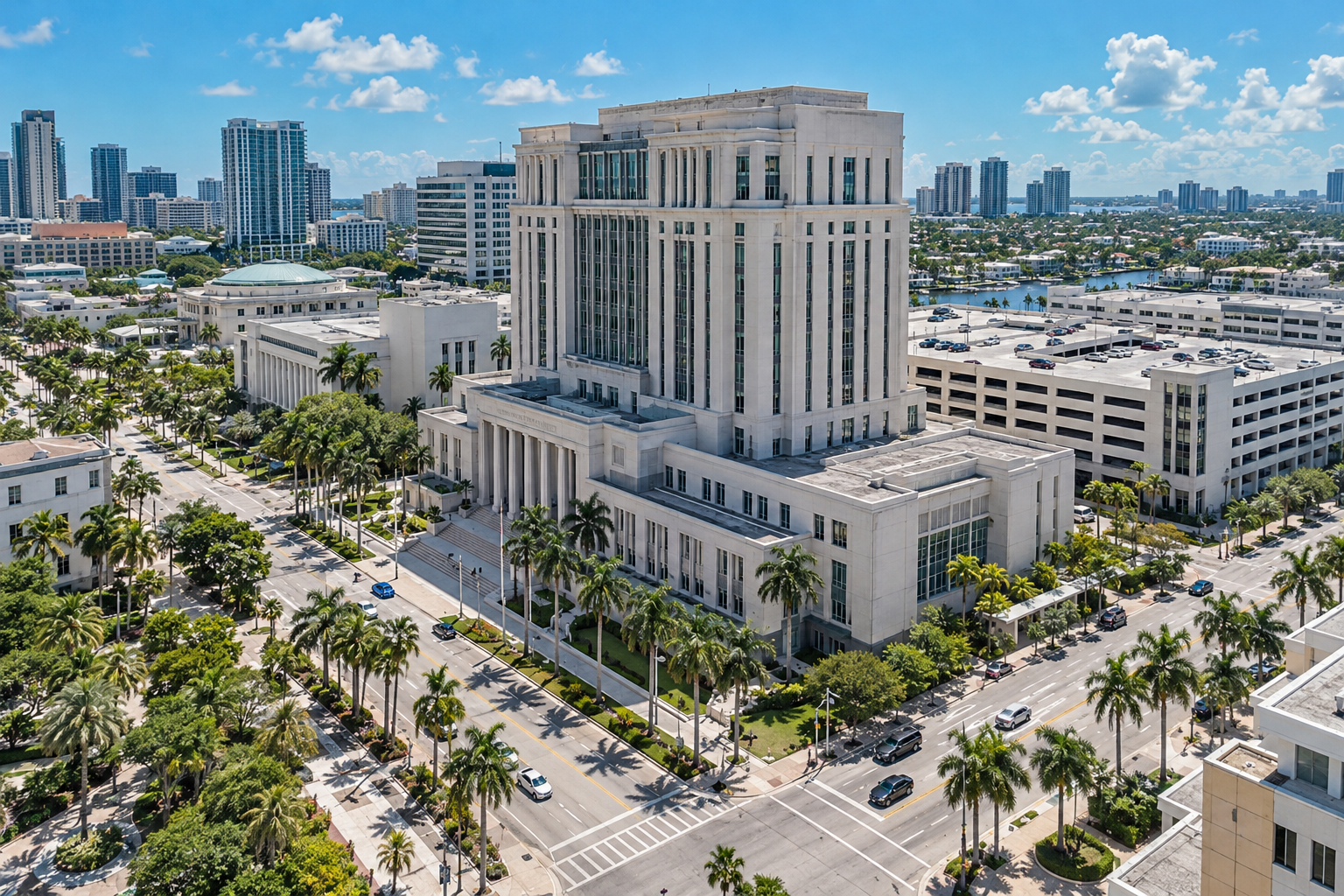 Aerial view of the Broward County Courthouse and surrounding downtown Fort Lauderdale streets
