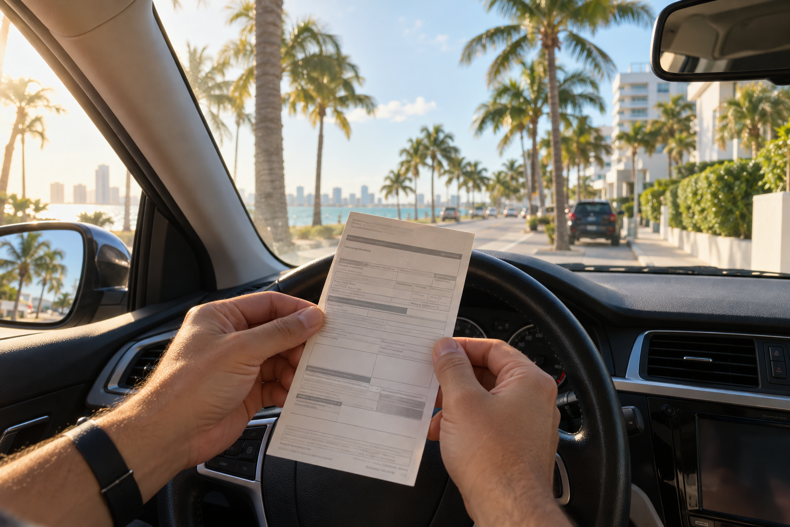 Person holding a traffic citation while seated inside a parked car in Florida