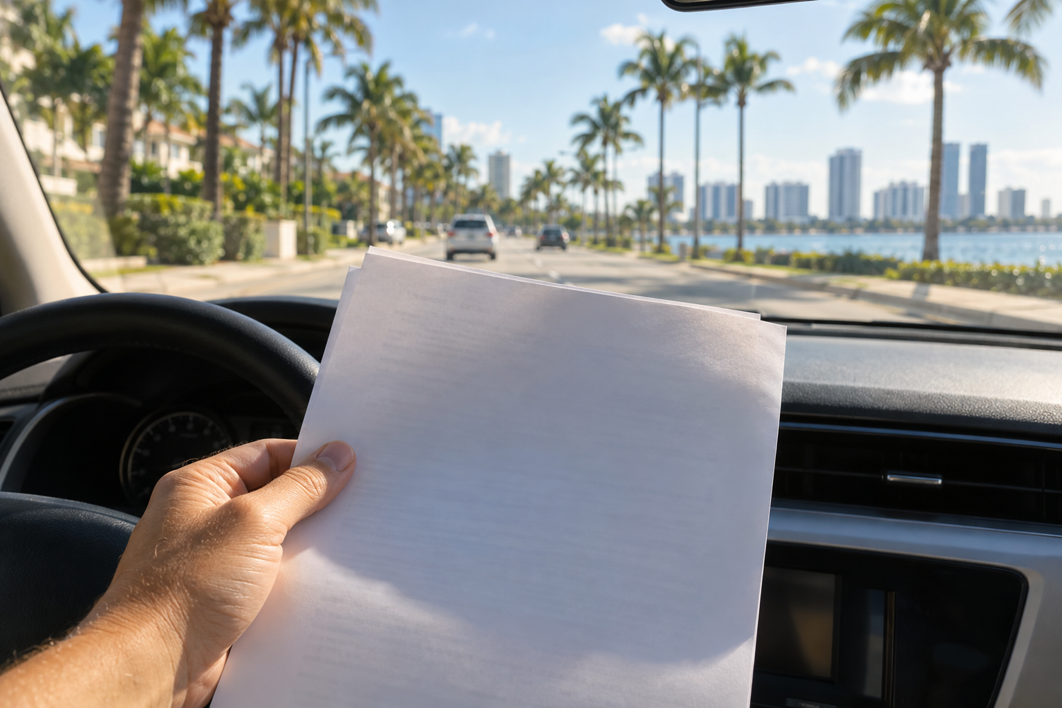 Person holding a paper traffic citation while seated inside a car in South Florida
