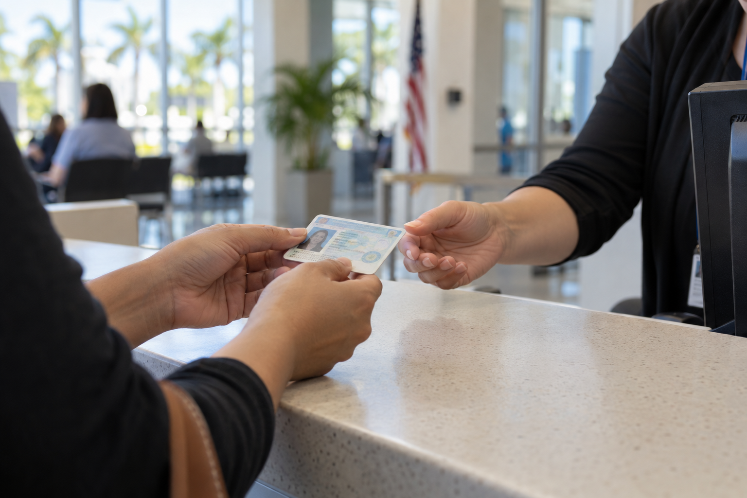 Person holding a government-issued photo ID at a facility check-in counter