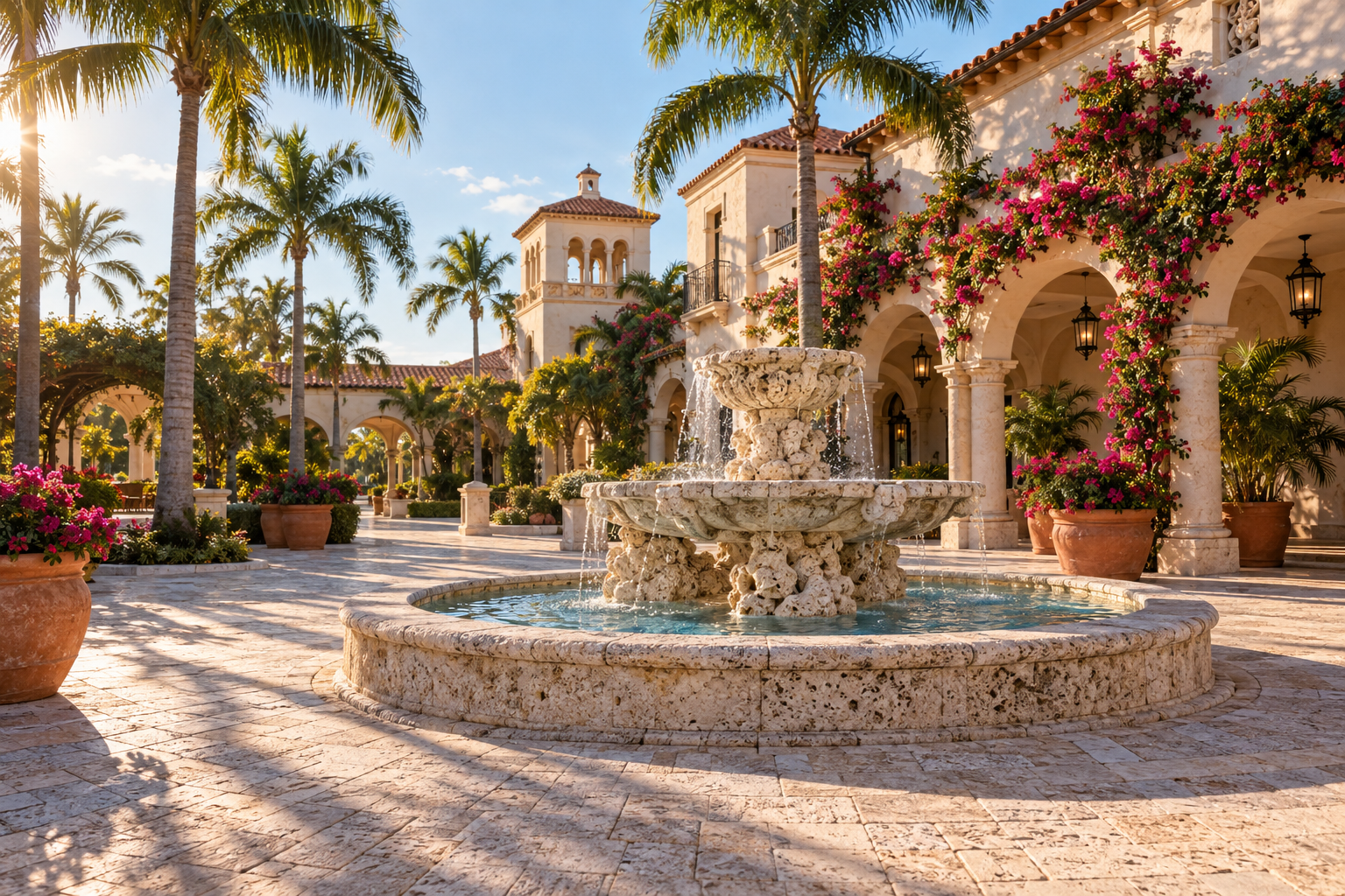 Coral rock fountain and plaza in Coral Gables showing George Merrick's Mediterranean Revival city planning