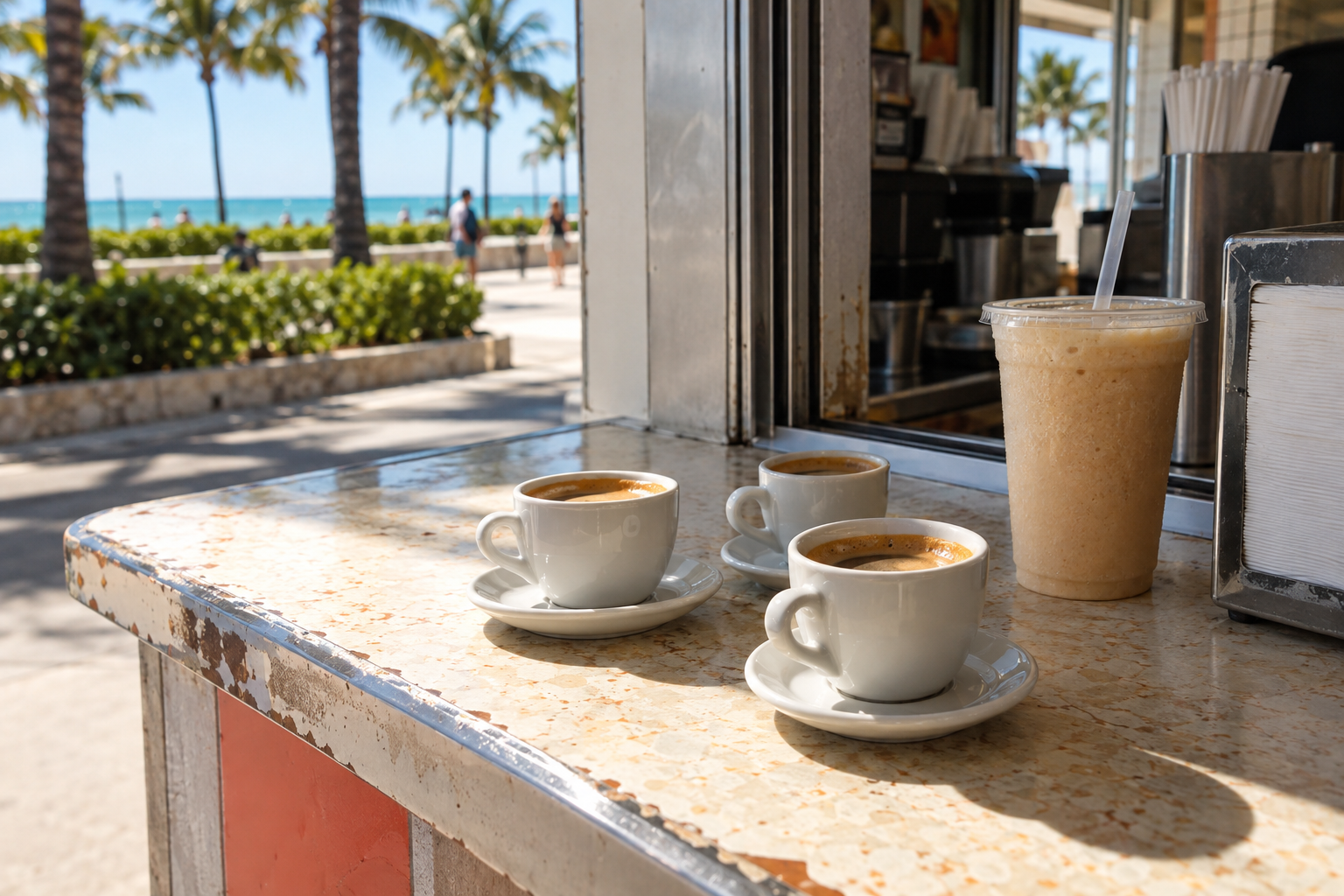Walk-up ventanita window with small espresso cups and a colada on the counter