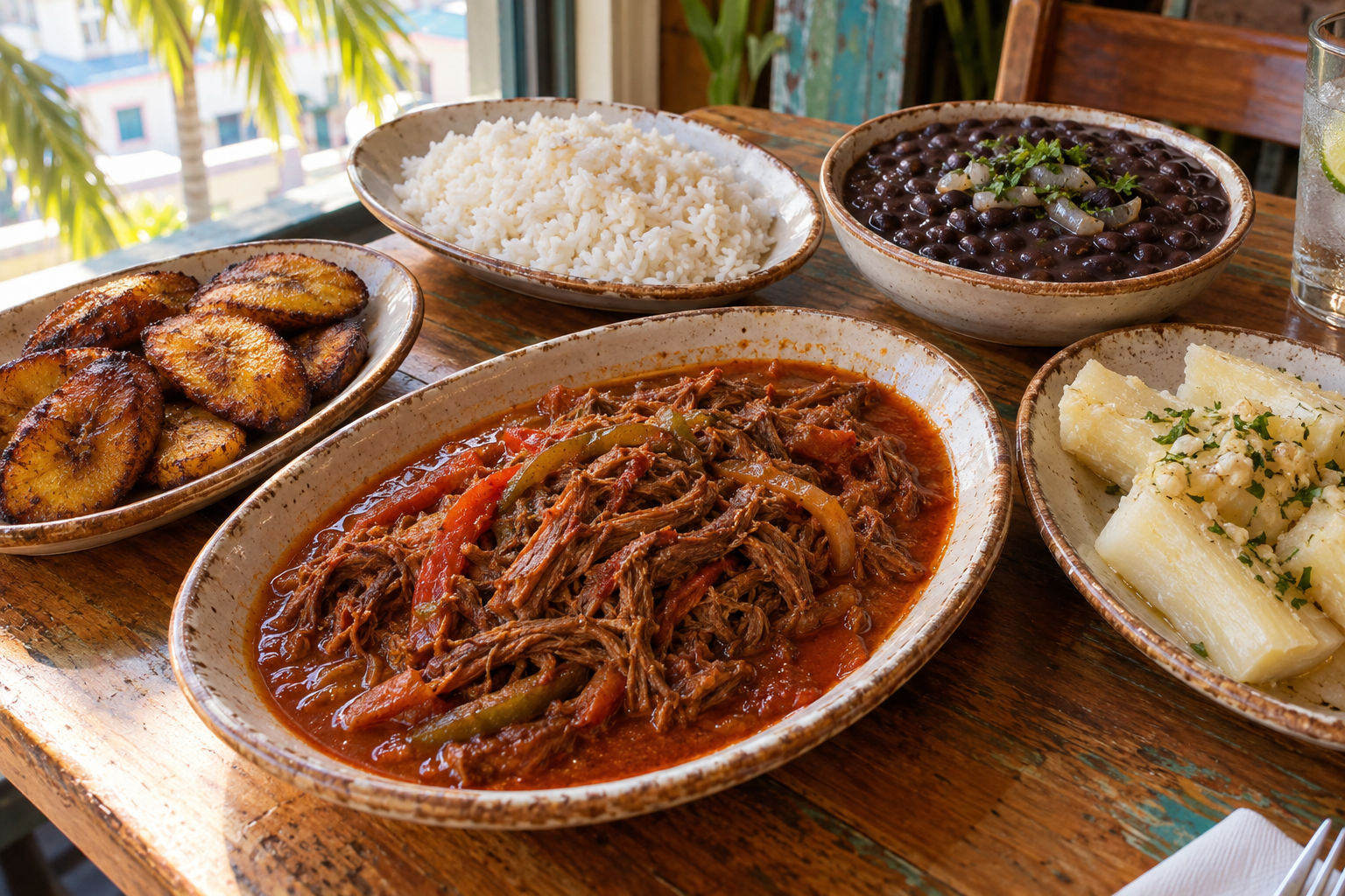 Cuban lunch spread with ropa vieja, white rice, black beans, maduros and yuca on a restaurant table