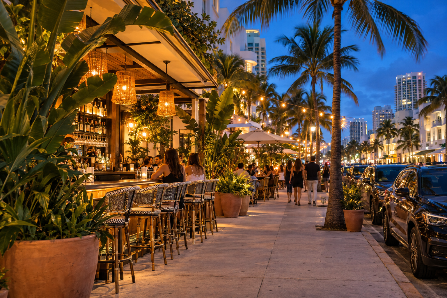 Evening view of Calle Ocho with open-air bars and tropical foliage lit by warm string lights