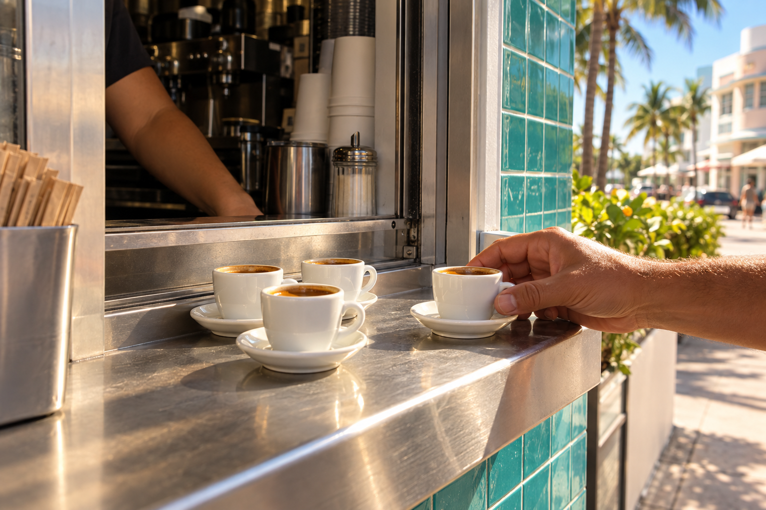 Small white espresso cups of Cuban cafecito served at a Miami ventanita walk-up window