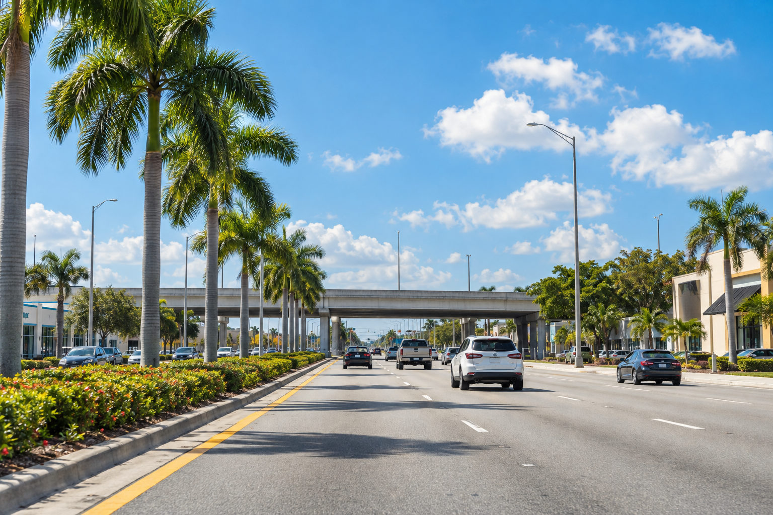 Street-level view of the Sweetwater area near NW 12th Street with Florida Turnpike overpass and palm-lined roads in the background