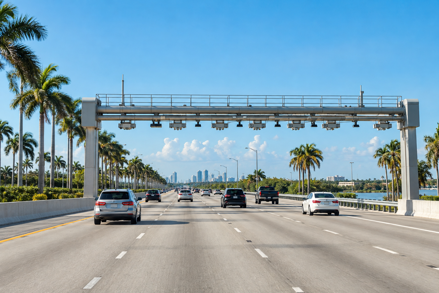 Westbound lanes of the Dolphin Expressway SR 836 in Miami-Dade with overhead electronic toll gantries and palm-lined median