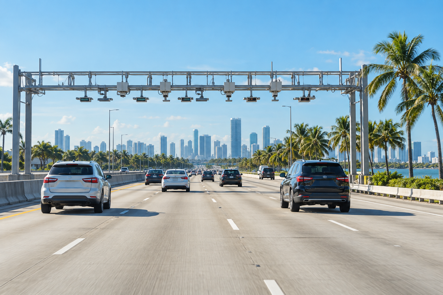 Westbound lanes of the Dolphin Expressway with electronic toll gantries and Miami skyline fading in the distance