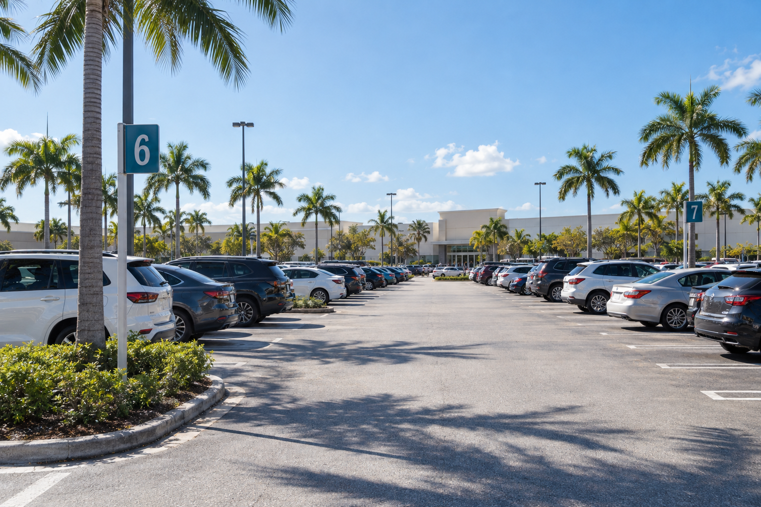 Busy surface parking lot at Dolphin Mall with numbered row markers, palm trees and the mall's exterior facade in the background