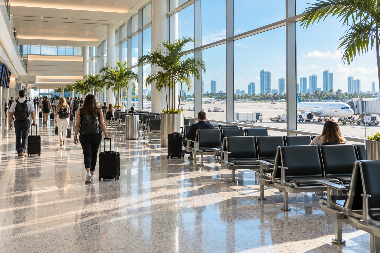 Interior of a Fort Lauderdale-Hollywood International Airport concourse with gates and seating areas