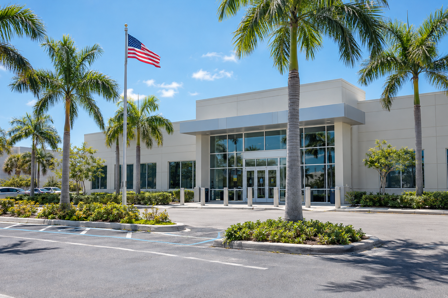 USCIS office exterior seen from the parking lot on a bright South Florida morning