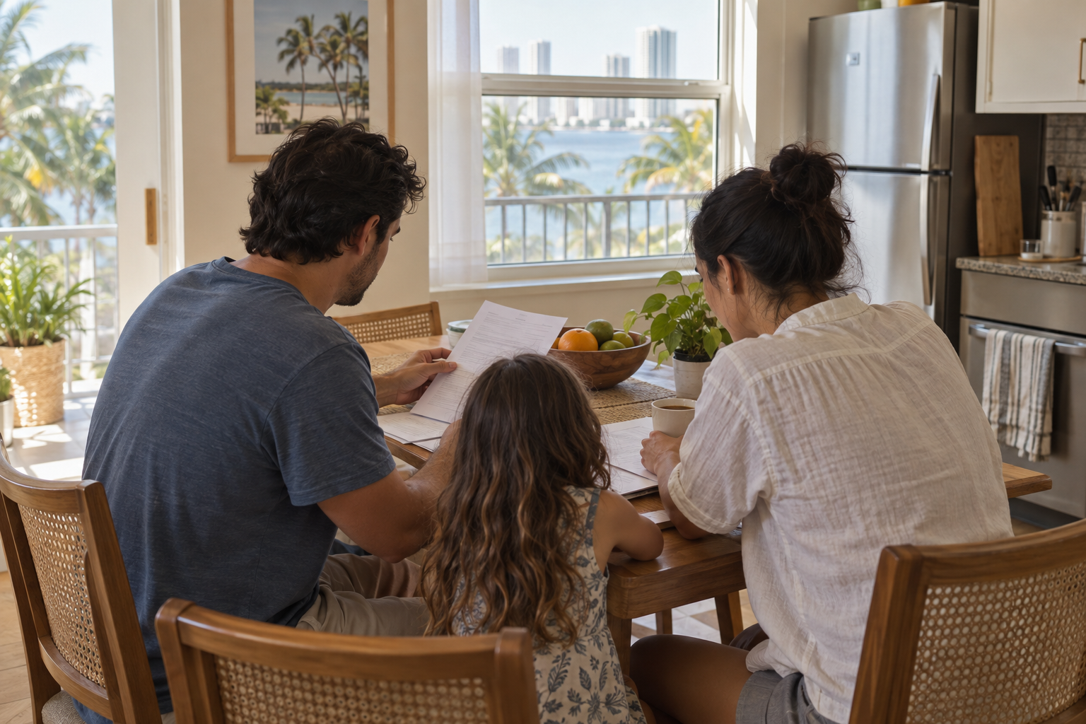 Family reviewing documents at a kitchen table, representing Haitian TPS applicants checking eligibility paperwork