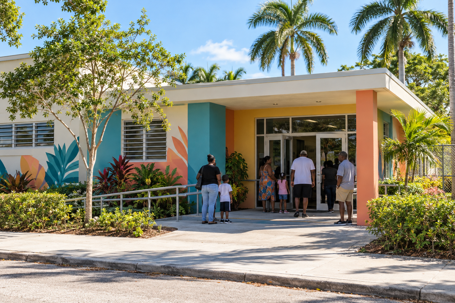 Community center entrance in Little Haiti with residents gathering on the steps for legal aid services