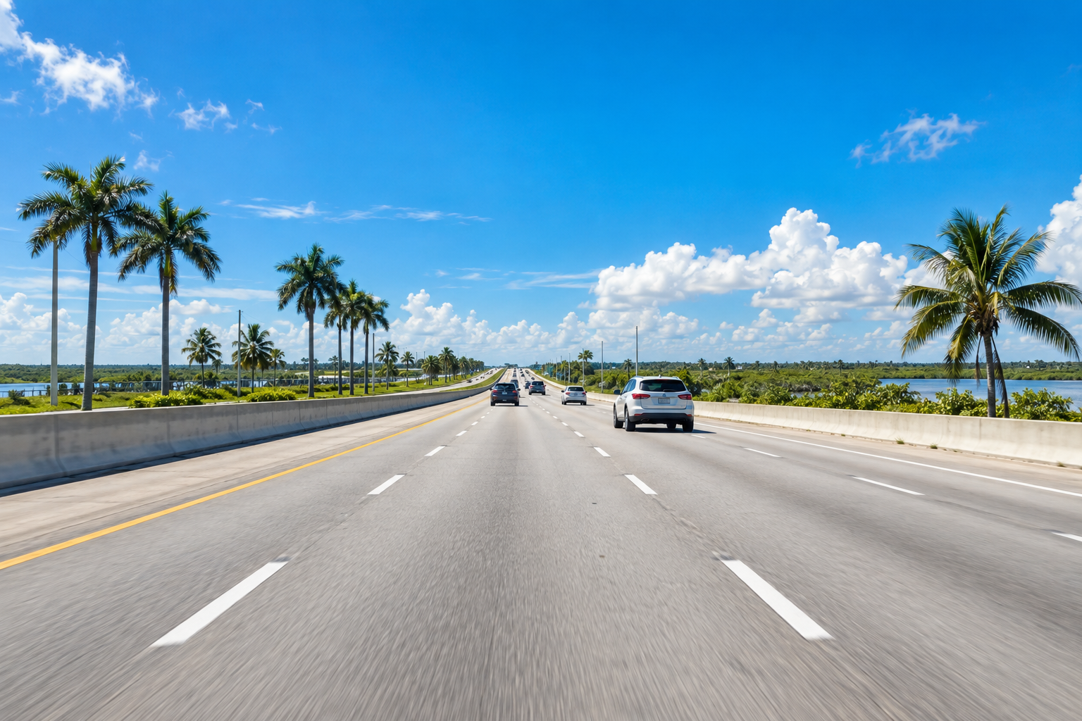 Florida's Turnpike highway stretching north through Miami-Dade County with palm trees on either side