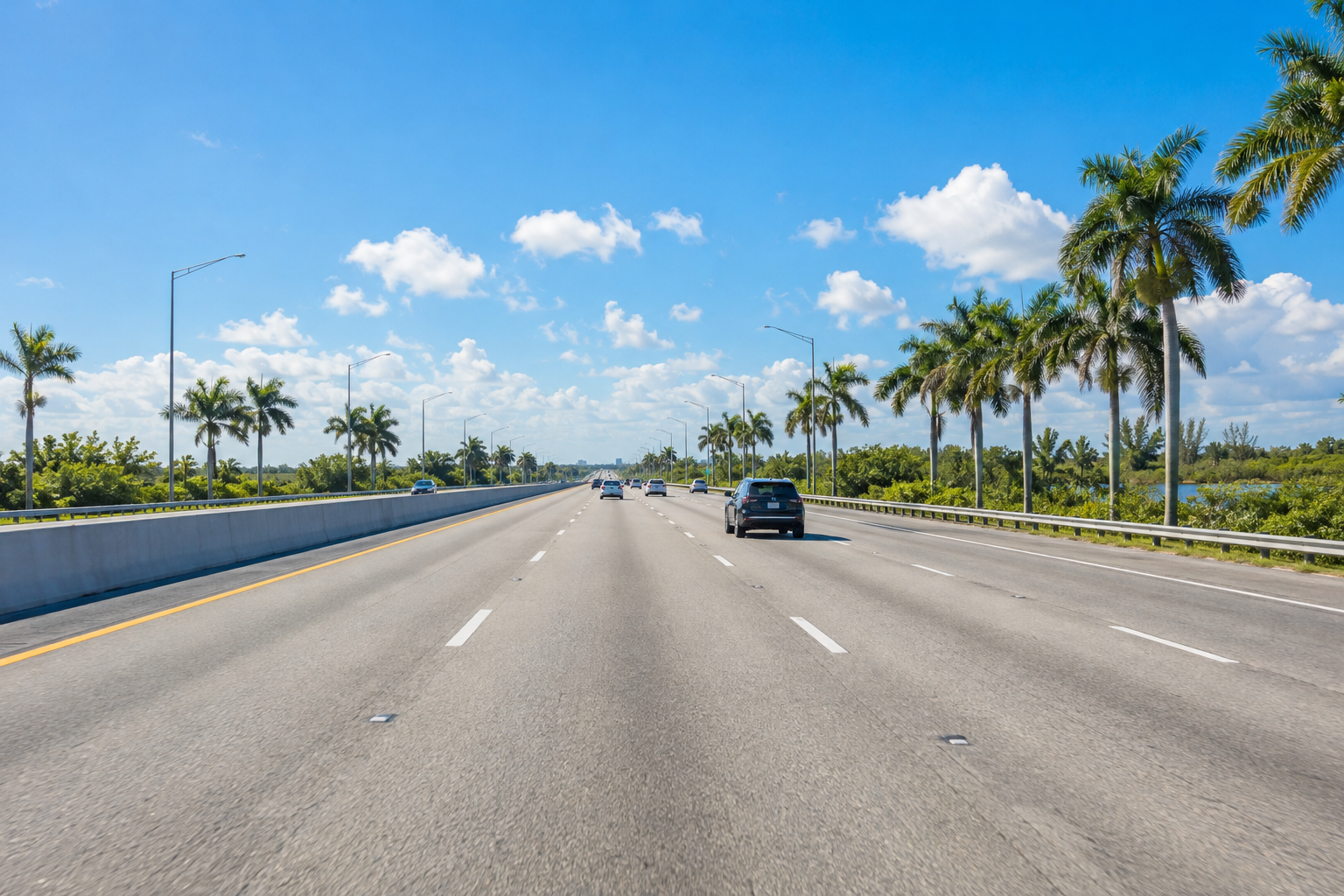 Florida's Turnpike highway lanes heading south near Miami Gardens on a clear sunny day