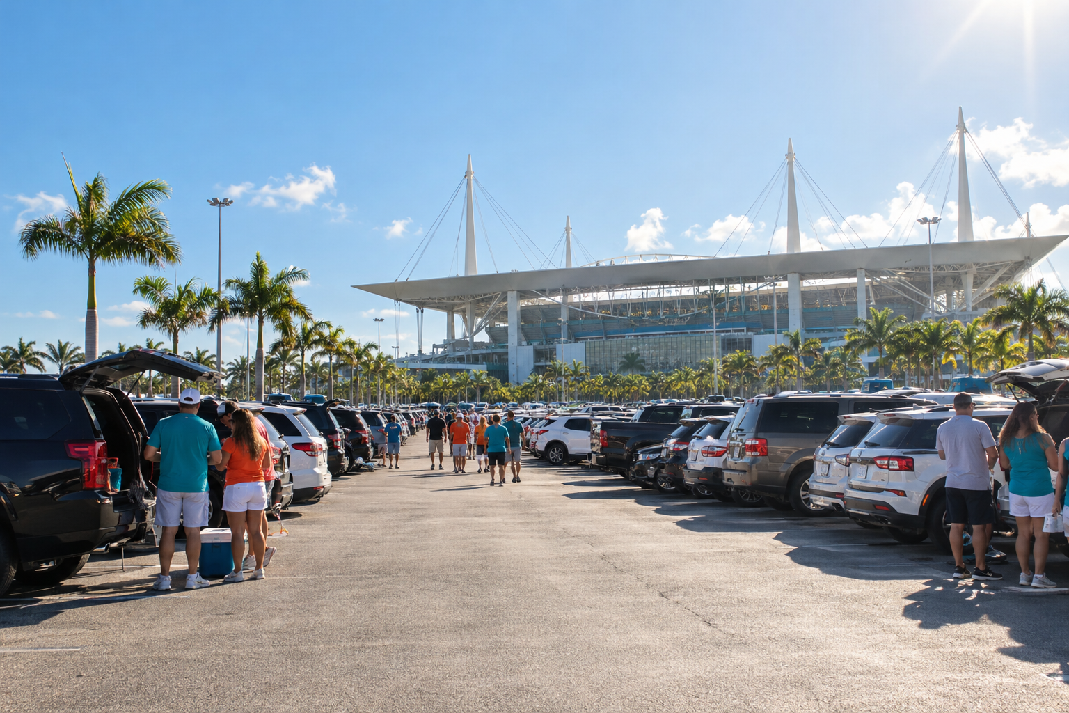 Packed stadium parking lot filling with cars and tailgating fans before a major South Florida sports event