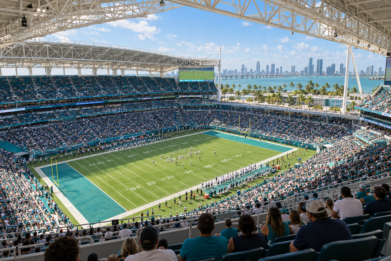 Interior view of Hard Rock Stadium seating bowl looking toward the field from the upper deck