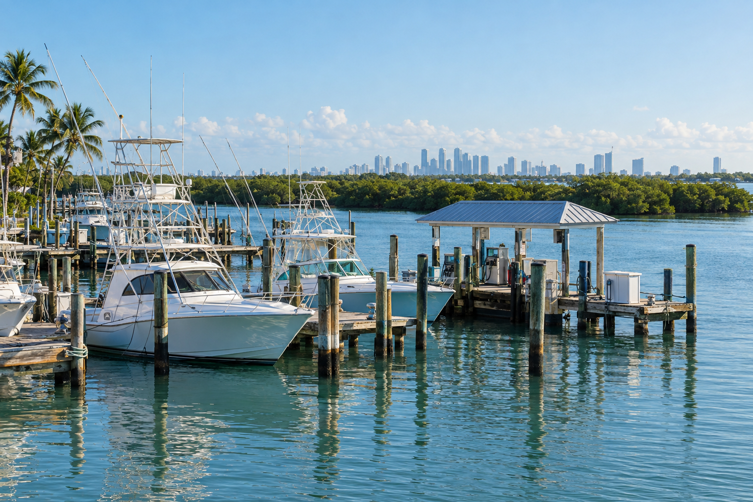Fishing and charter boats docked at Bill Bird Marina along the Intracoastal Waterway in Haulover Park