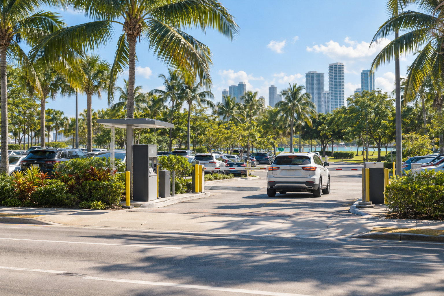 Car pulling into a beachside parking lot entrance on Collins Avenue in Miami-Dade on a sunny day