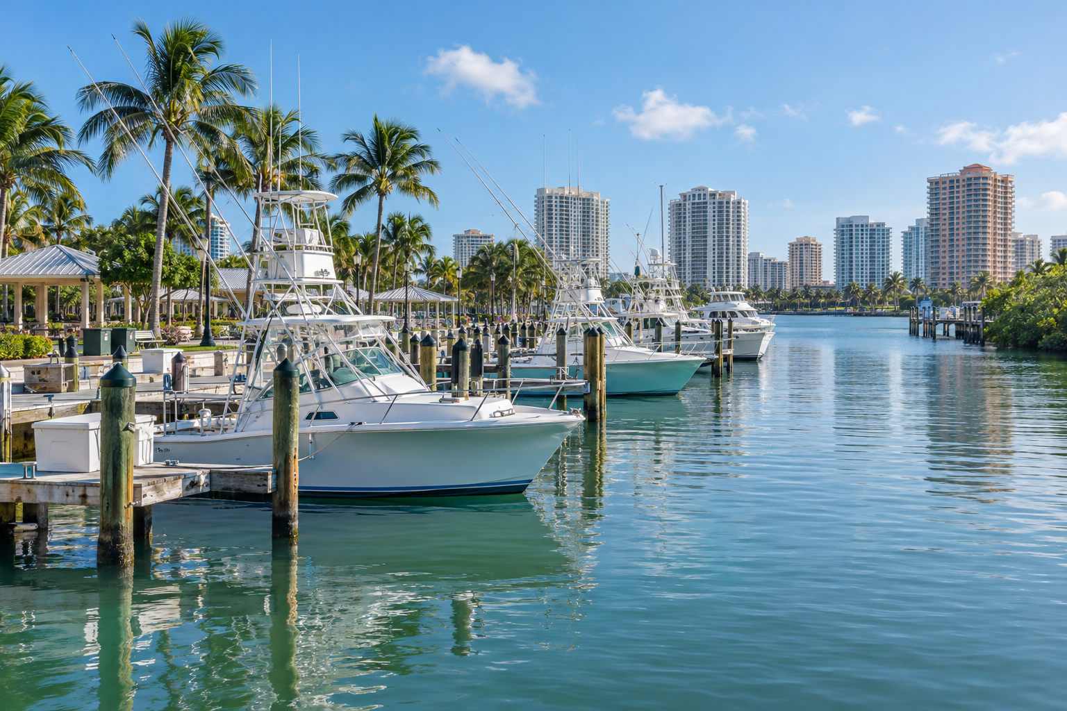 Bill Bird Marina at Haulover Park with charter fishing boats docked along the Intracoastal Waterway on a sunny South Florida morning