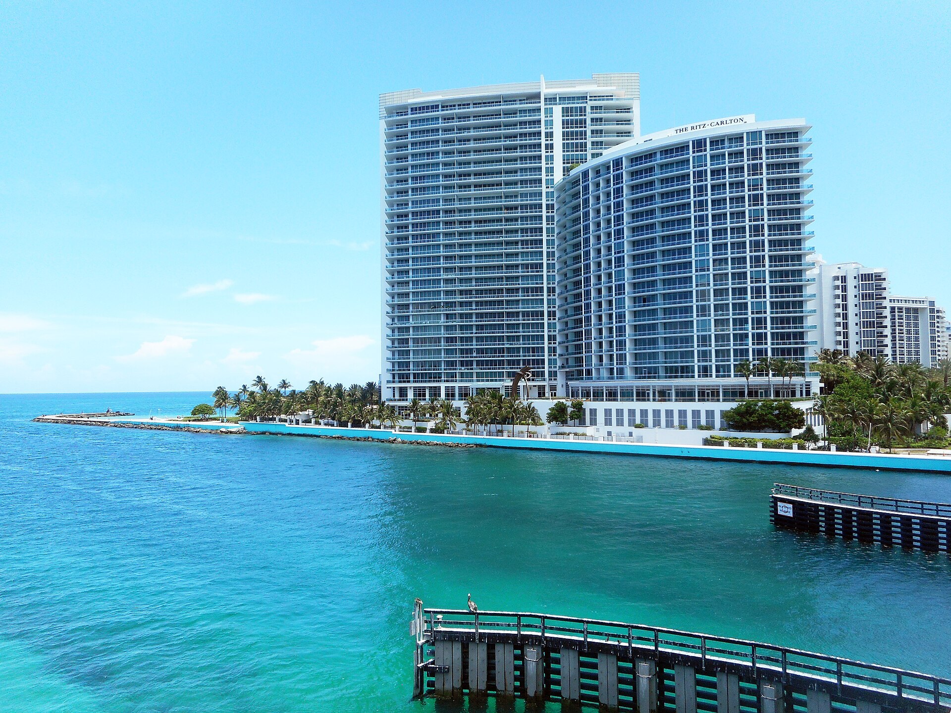 View of inlet and Ritz Carlton Bal Harbour Resort from bridge over Haulover Inlet, Florida (Haulover Inlet)