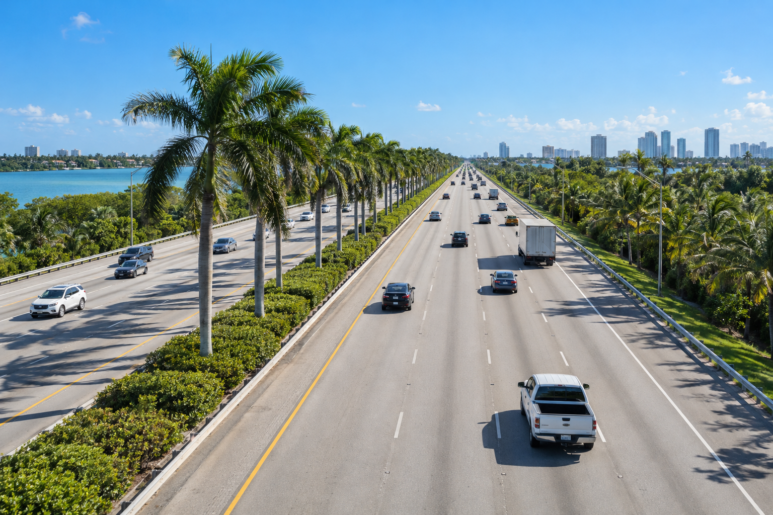 Palmetto Expressway SR 826 cutting through northwest Miami-Dade with palm-lined overpasses and clear blue sky