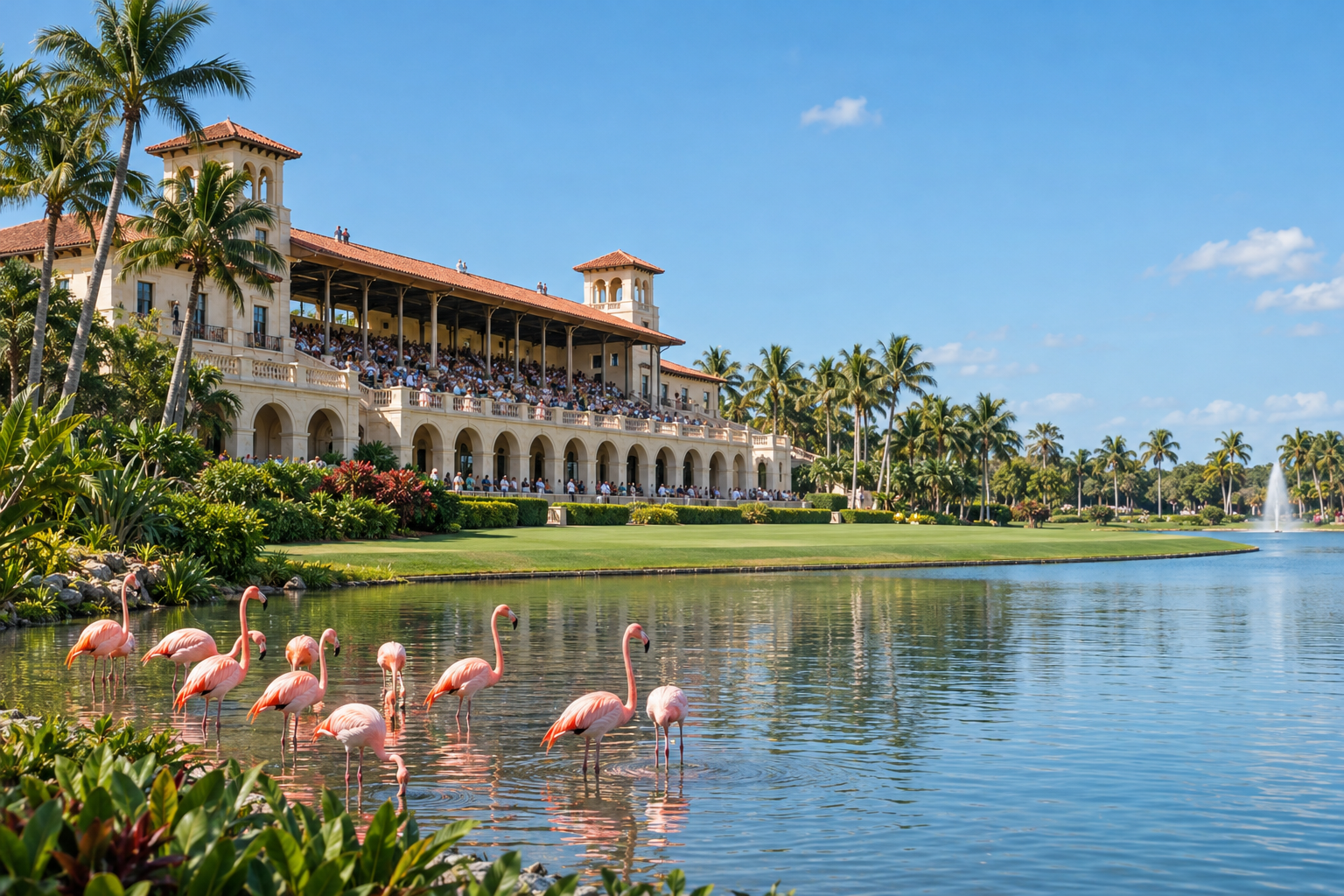 Hialeah Park's Mediterranean Revival grandstand and infield lake with flamingos under bright South Florida sun