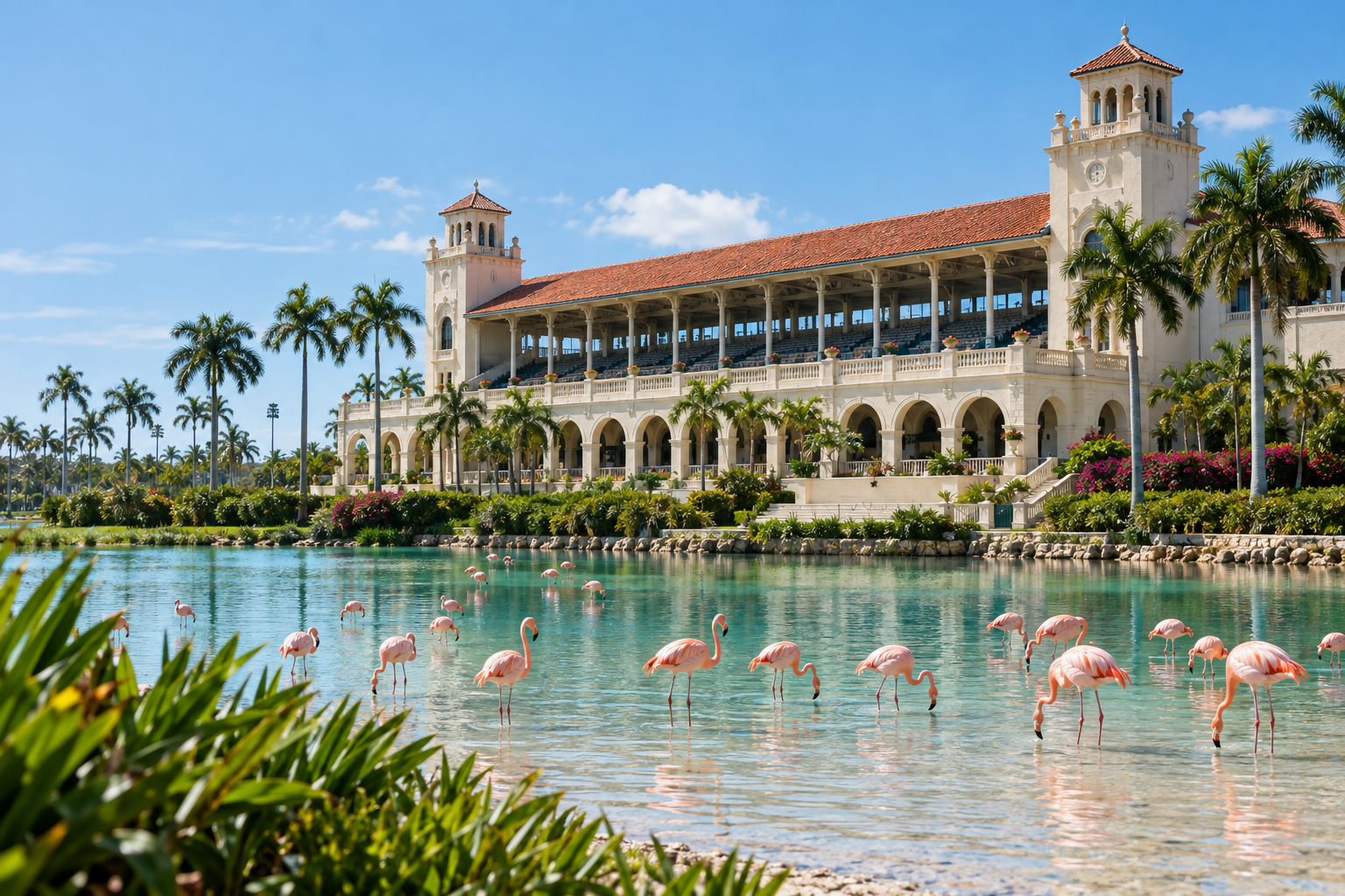 Mediterranean Revival grandstand and flamingo-dotted infield lake at Hialeah Park Racing and Casino