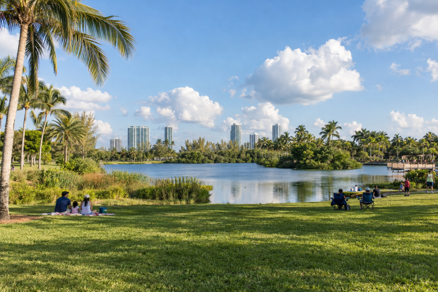 Open green fields and lake shoreline at Amelia Earhart Park in Hialeah on a sunny afternoon