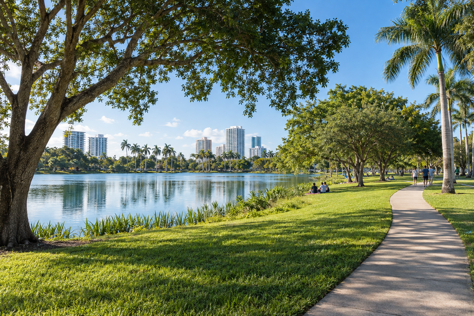 Open green meadow and lake shoreline at Amelia Earhart Park on a sunny South Florida afternoon