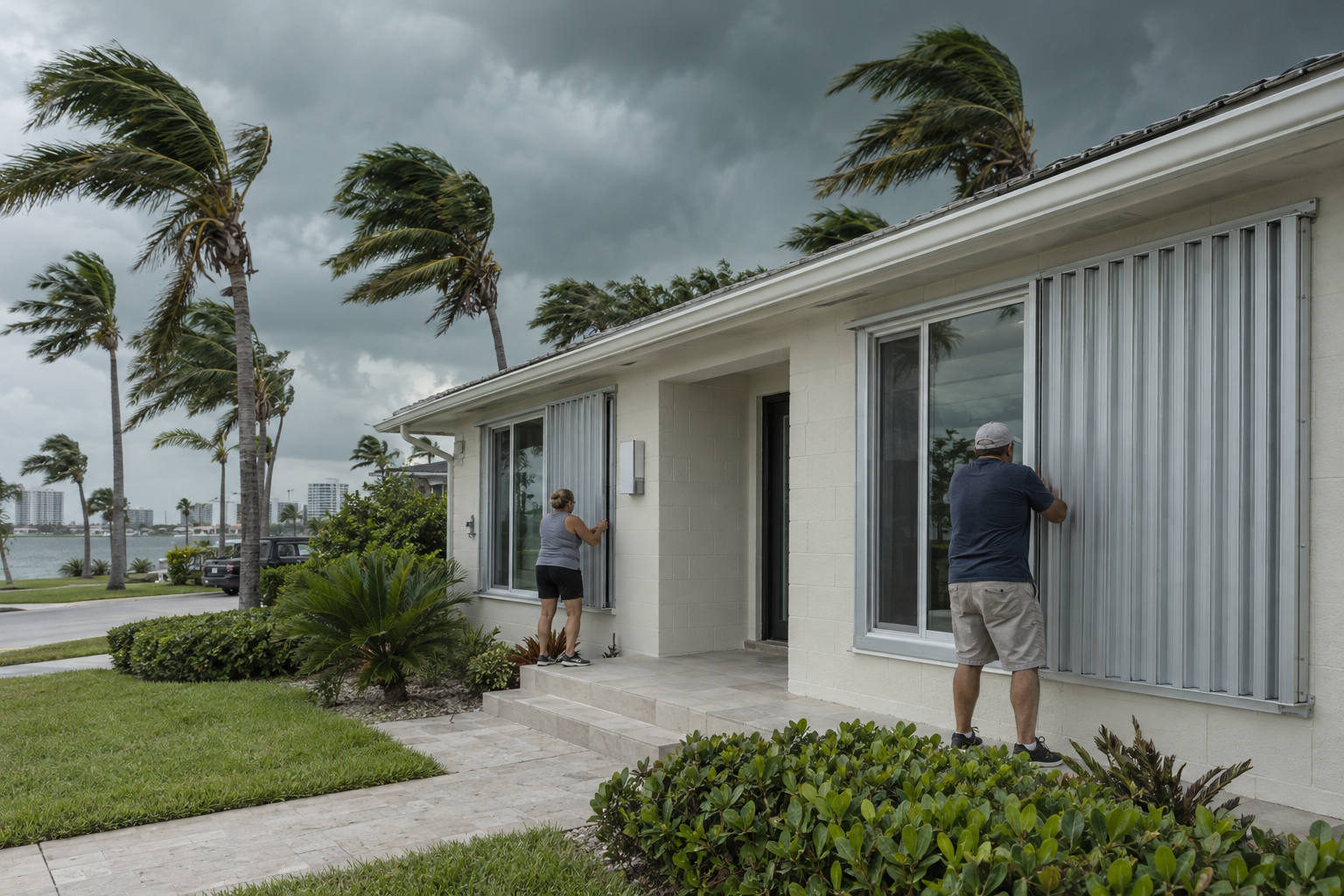 South Florida family securing storm shutters on a concrete block home before a hurricane with palm trees bending in the wind