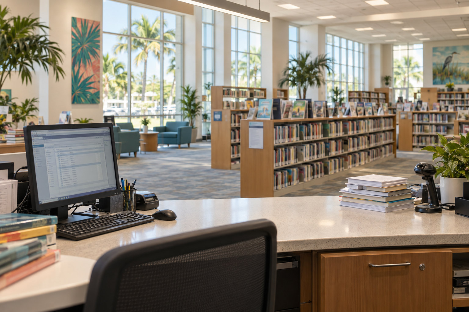 Library circulation desk seen from behind the counter, staff area with computer terminals ready to assist patrons applying for a card