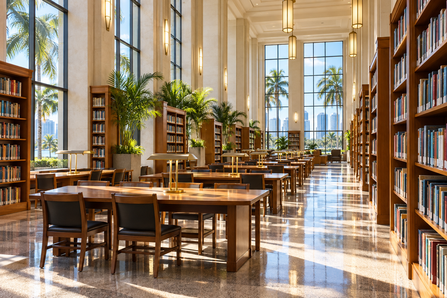 Interior reading room of the Miami-Dade Main Library featuring tall shelves of special collections and natural light from large windows