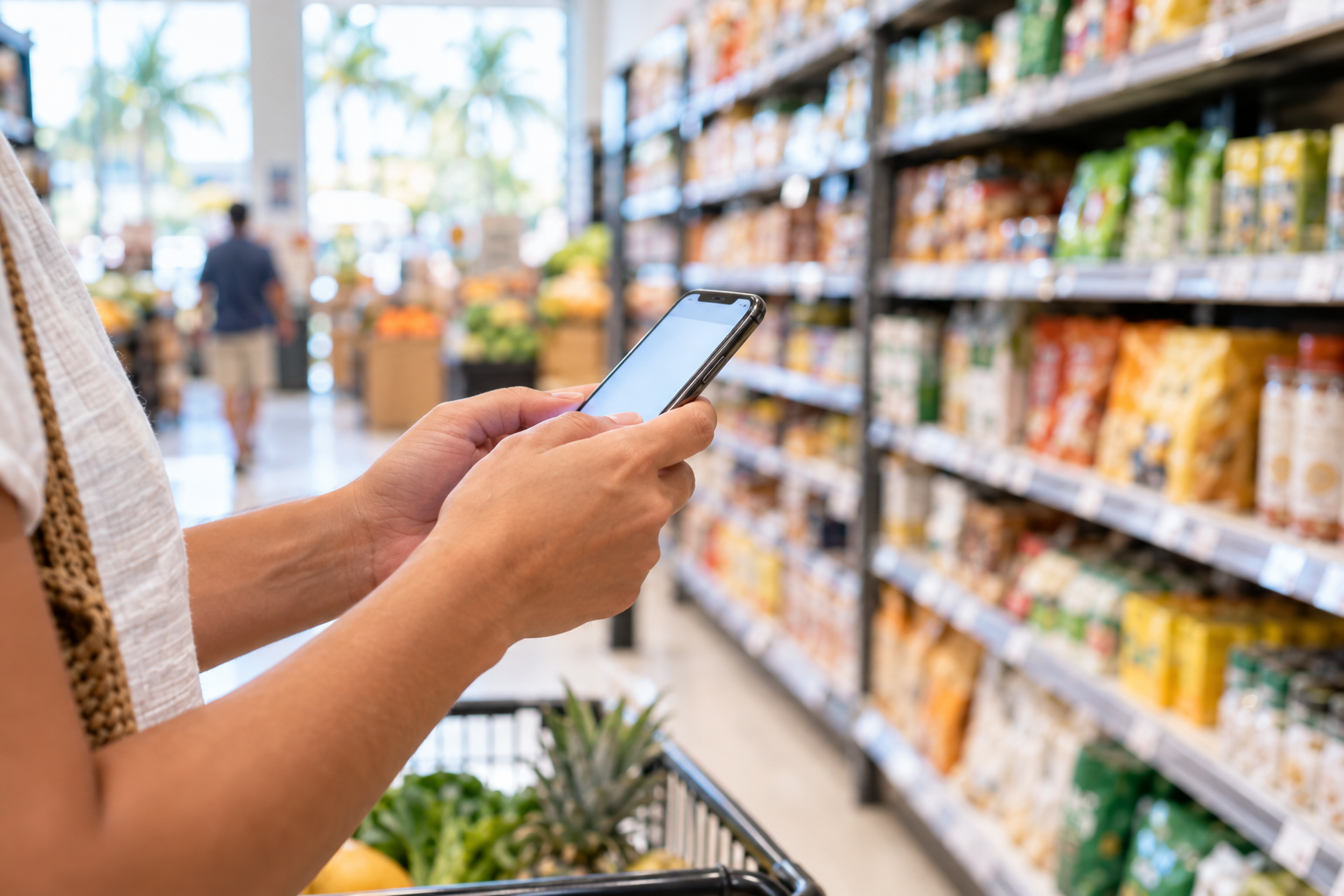 Person holding a smartphone displaying a digital coupon app while standing in a grocery store aisle