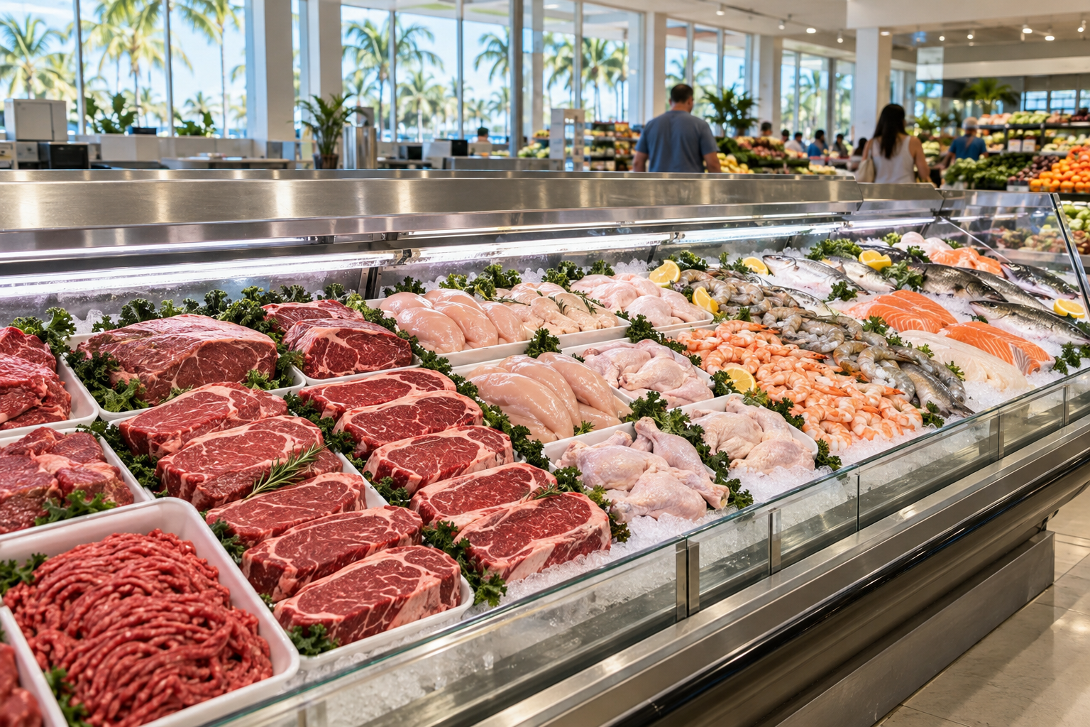 Full meat display case in a Florida supermarket showing packaged cuts of beef and chicken on ice