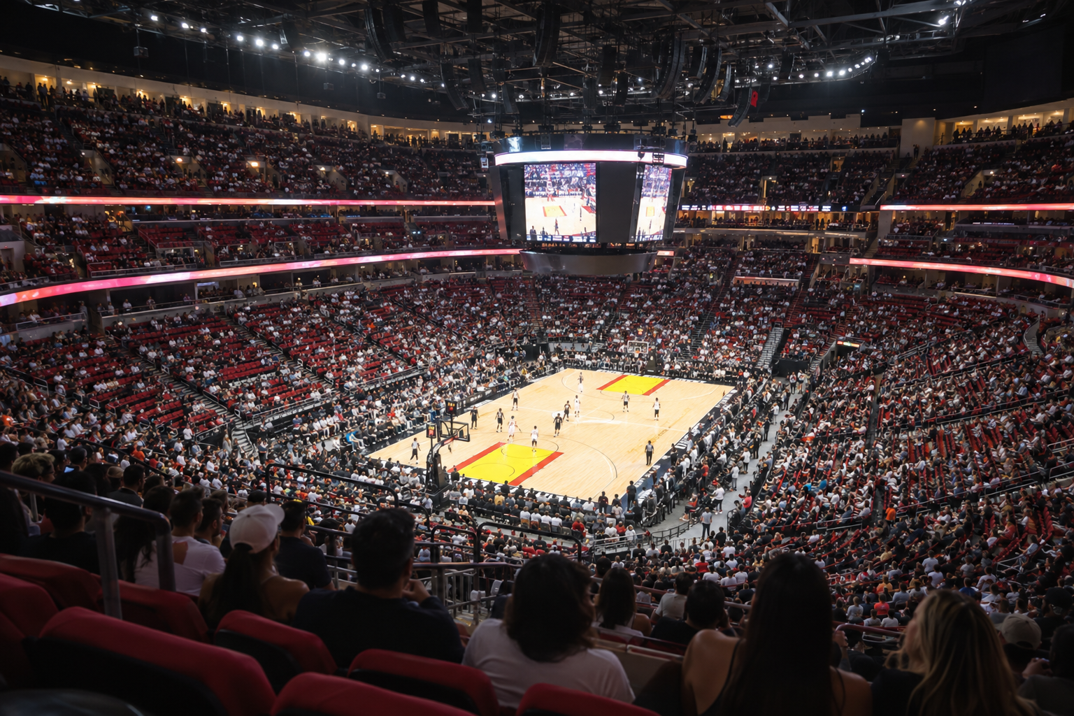 Kaseya Center interior seating bowl viewed from the upper level during a game