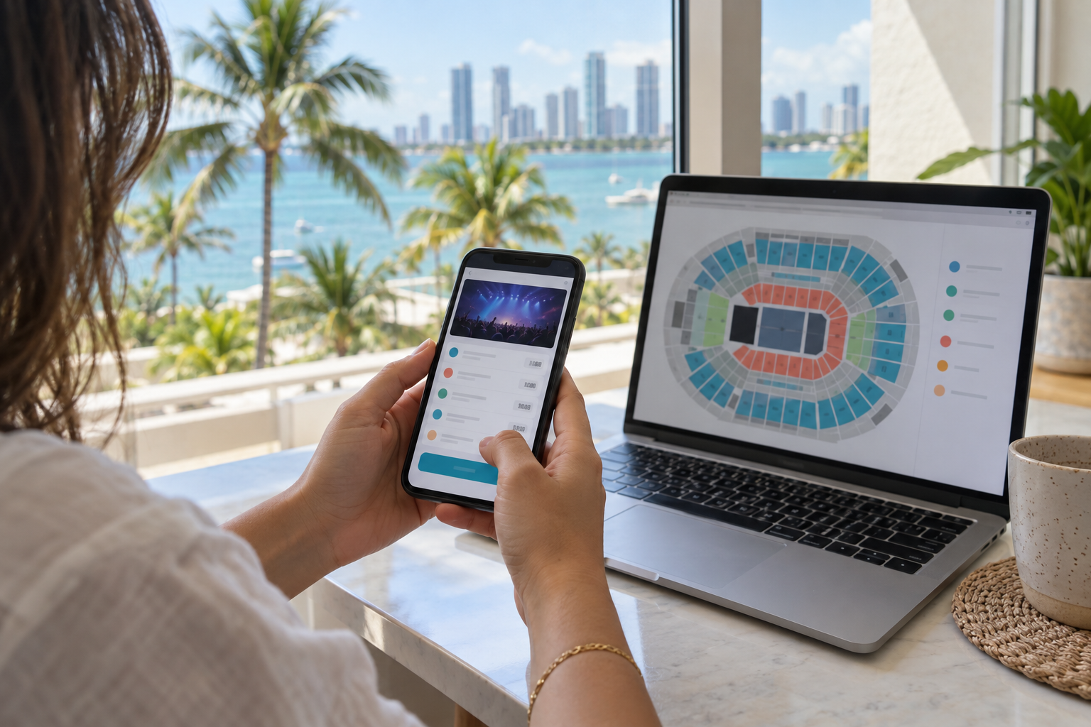 Person comparing ticket prices on a smartphone with the Kaseya Center seat map open on a laptop