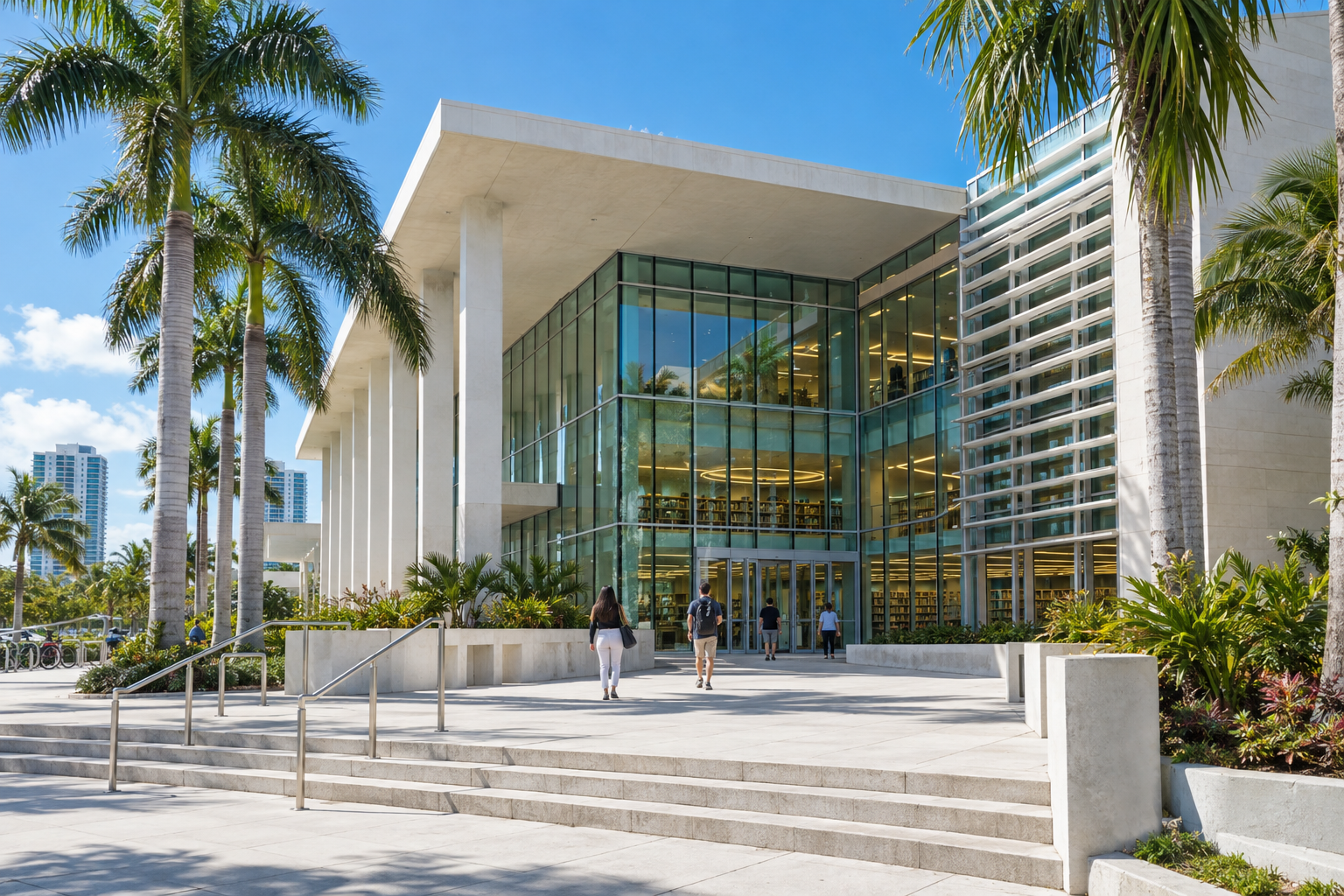 Exterior of the Miami-Dade Public Library System main branch building on a sunny day