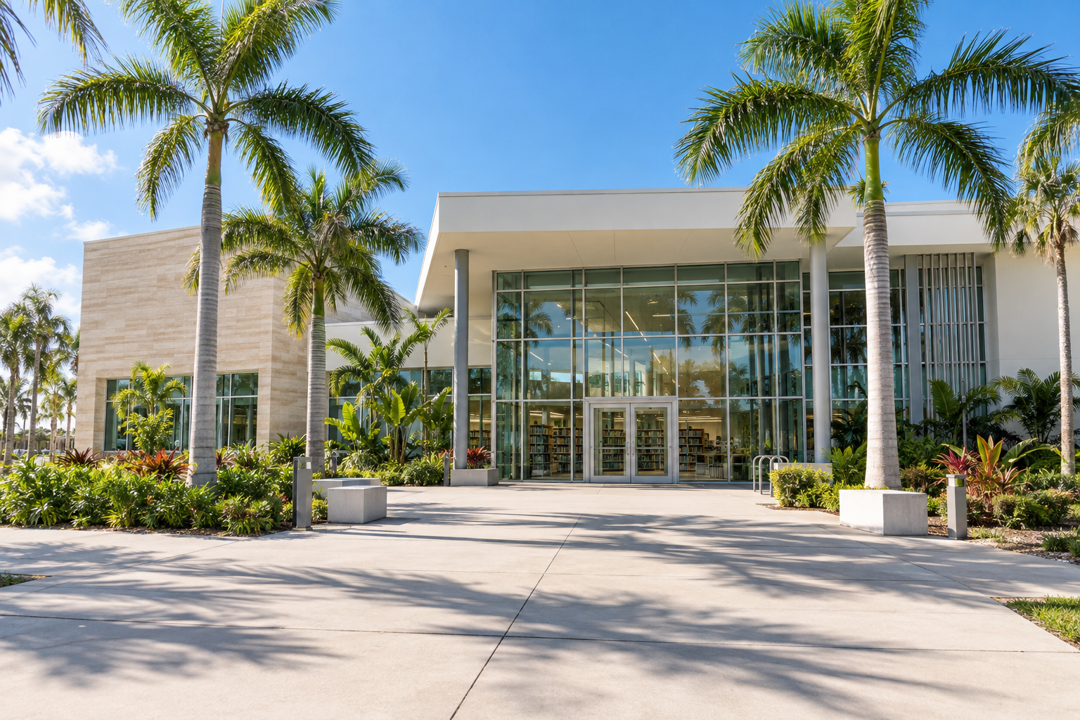 Exterior of a Miami-Dade Public Library System branch on a sunny day
